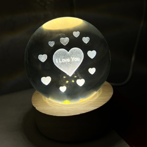 Ночник хрустальный шар 8см сердца I love you на деревянной подставке LED подсветка/от USB - фото