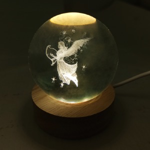 Ночник хрустальный шар 6см ангел с арфой на деревянной подставке LED подсветка/от USB - фото