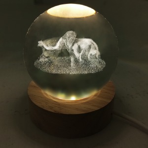 Ночник хрустальный шар 8см слон на деревянной подставке LED подсветка/от USB - фото