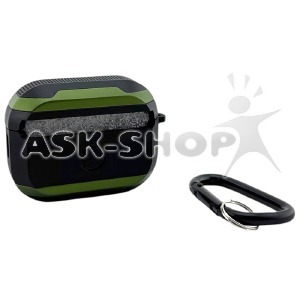 Чехол силикон для AirPods Pro/Pro2 Armor черно-зеленый с карабином - фото