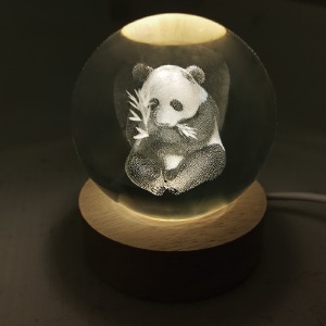 Ночник хрустальный шар 6см панда на деревянной подставке LED подсветка/от USB - фото