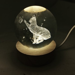 Ночник хрустальный шар 8см кот на деревянной подставке LED подсветка/от USB - фото
