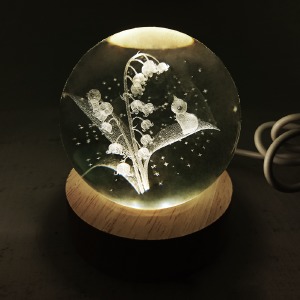 Ночник хрустальный шар 6см ландыши на деревянной подставке LED подсветка/от USB - фото