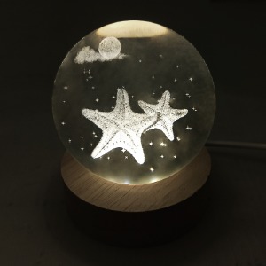 Ночник хрустальный шар 8см морская звезда на деревянной подставке LED подсветка/от USB - фото