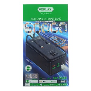 Power bank/Павербанк 50000mA Gerlax GP-524P 4USB/3A/PD20W/22.5W/QC3.0/ліхтарик/LED дисплей/кабель 2в1 (Type-C/Lightning) чорний - фото