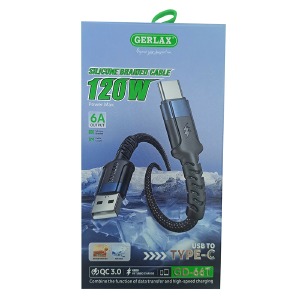 Кабель Type-C Gerlax GD-66T 6A/120W/QC3.0 тканинний чорний 1м - фото
