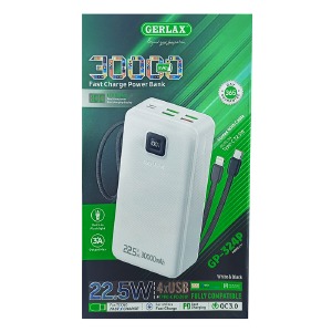 Power bank/Павербанк 30000mA Gerlax GP-324P 4USB/3A/PD20W/22.5W/QC3.0/фонарик/LED дисплей/кабель 2в1 (Type-C/Lightning) білий - фото
