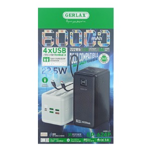 Power bank/Павербанк 60000mA Gerlax GP-624P 4USB/3A/PD20W/22.5W/QC3.0/ліхтарик/LED дисплей/кабель 2в1 (Type-C/Lightning) чорний - фото