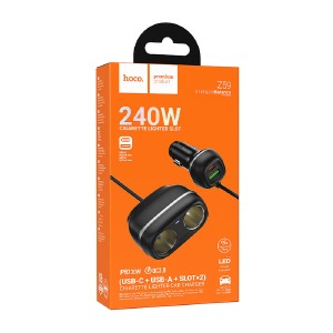 АЗУ USB блочок Hoco Z59 3A/1USB/48W/PD30W/QC3.0/2 гнізда прикурювача чорний (11) - фото