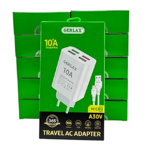 'SET МЗП microUSB Gerlax A30V 10A/4USB/QC3.0 білий 1м (10ШТ!!!+1ШТ ПОДАРУНОК) - фото
