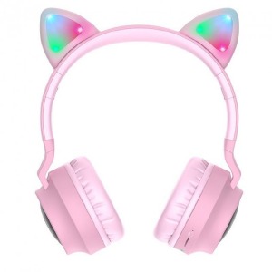 Hands Free большие Bluetooth Hoco W27 Cat ear LED ушки/RGB/BT5.0/TFcard/AUX/mic/300mAh розовый - фото