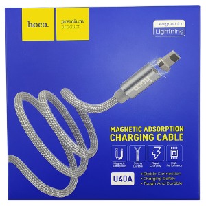 Кабель iPhone Lightning (5/6/7/8...) Hoco U40a магнитный тканевой серый 1 м - фото