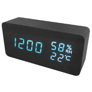 Часы настольные с будильником VST-862s-5 в виде черного дерев.бруска с синей подсветкой - фото