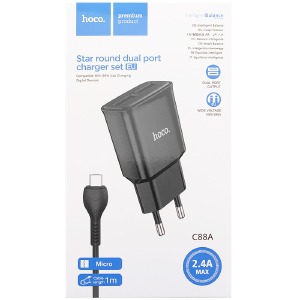 СЗУ microUSB Hoco C88A 2.4A-2USB 2в1 черное 1м - фото