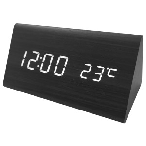 Часы настольные с будильником VST-861-6 в виде черного  дерев.бруска с белой подсветкой - фото
