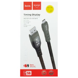 Кабель microUSB Hoco S6 2.4A/Led дисплей/таймер плоский черный 1,2м - фото