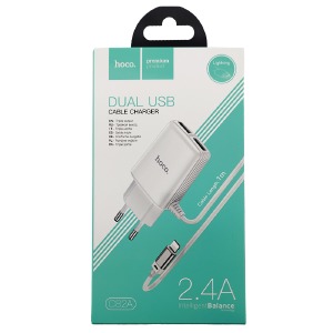 СЗУ iPhone Lightning Hoco C82A 2.4A 2USB, впаянный провод, белое 1м - фото
