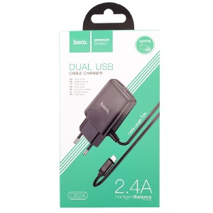СЗУ iPhone Lightning Hoco C82A 2.4A 2USB, впаянный провод, черное 1м - фото