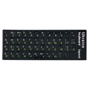 Наклейки на клавиатуру черные матовые с зеленые буквами укр/рус/англ - фото