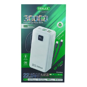 Power bank/Павербанк 30000mA Gerlax GP-324P 4USB/3A/PD20W/22.5W/QC3.0/фонарик/LED дисплей/кабель 2в1 (Type-C/Lightning) чорний - фото