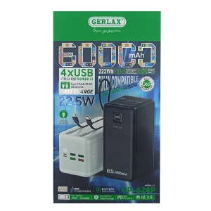 Power bank/Павербанк 60000mA Gerlax GP-624P 4USB/3A/PD20W/22.5W/QC3.0/фонарик/LED дисплей/кабель 2в1 (Type-C/Lightning) білий - фото