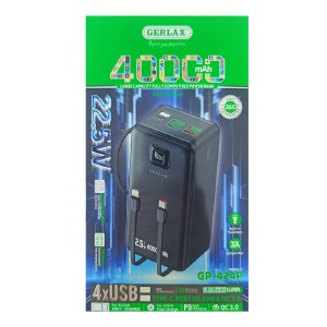 Power bank/Павербанк 40000mA Gerlax GP-424P 4USB/3A/PD20W/22.5W/QC3.0/фонарик/LED дисплей/кабель 2в1 (Type-C/Lightning) чорний - фото