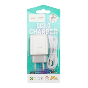 МЗП microUSB Hoco C72Q 3A/1USB/18W/QC3.0/блістер білий 1м (30) - фото